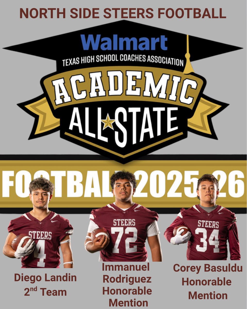 Steers Nation‼️Please join us, as we celebrate our North Side student athletes, as they are being recognized for one of the most prestigious awards, a student athlete can receive in Texas‼️ Congratulations boys🤘🏾#SteersUp  

•Diego Landin 
•Immanuel Rodriguez
•Corey Basuldu