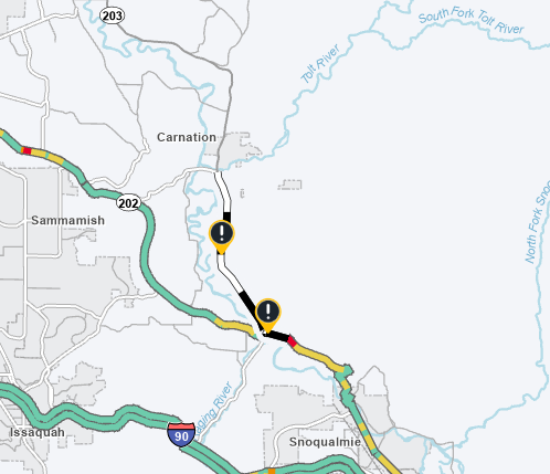 wsdot_traffic's tweet photo. UPDATE: SR 203 is also fully closed in both directions from NE Tolt Hill Road near Carnation to SR 202 in Fall City.

Expect delays and avoid driving through standing water. https://t.co/NrEsr16fGp