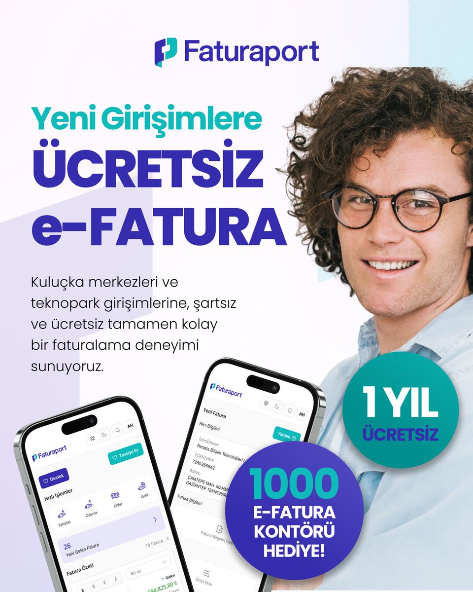 Mobil e-Faturada lider Faturaport’a ücretsiz terfi edin.

Yeni girişimlere Faturaport’tan tam destek! 1 yıl boyunca hiçbir ücret ödemeden kullanın.

portal.faturaport.com/sign-up

#teknopark #tekmer #kuluçka #efatura #önmuhasebe