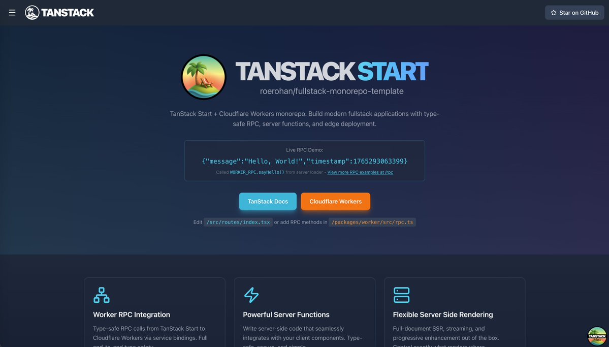 roerohan's tweet image. Added two upgrades to github.com/roerohan/fulls…:

- Cloudflare Worker RPC support (from TanStack Start web app)
- CI pipeline via GitHub Actions

Hosted a demo on: …lstack-monorepo-template.roerohan.com

What should I add next?