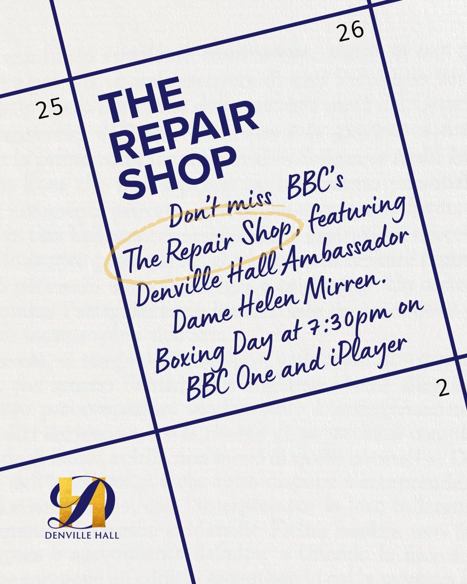 #TheRepairShop Christmas Special will be hitting your screens on Boxing Day at 7:30pm on BBC One and #iPlayer 🎁 

Featuring Denville Hall Ambassador Dame Helen Mirren ✨

<a href="/TheRepairShop/">The Repair Shop</a> <a href="/BBCOne/">BBC One</a> <a href="/BBCiPlayer/">BBC iPlayer</a>