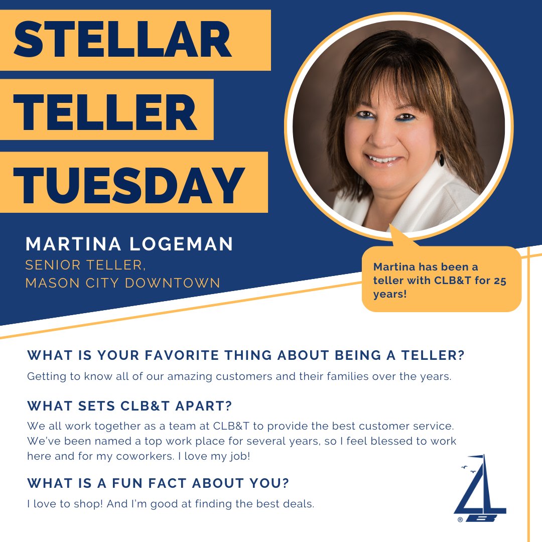 It's Stellar Teller Tuesday, and this week we are recognizing our Senior Teller, Martina Logeman! Stop by the Mason City Downtown location to meet her if you haven't already. We appreciate all that you do, Martina! 

#ClearLakeBank #TellerTuesday #EmployeeAppreciation