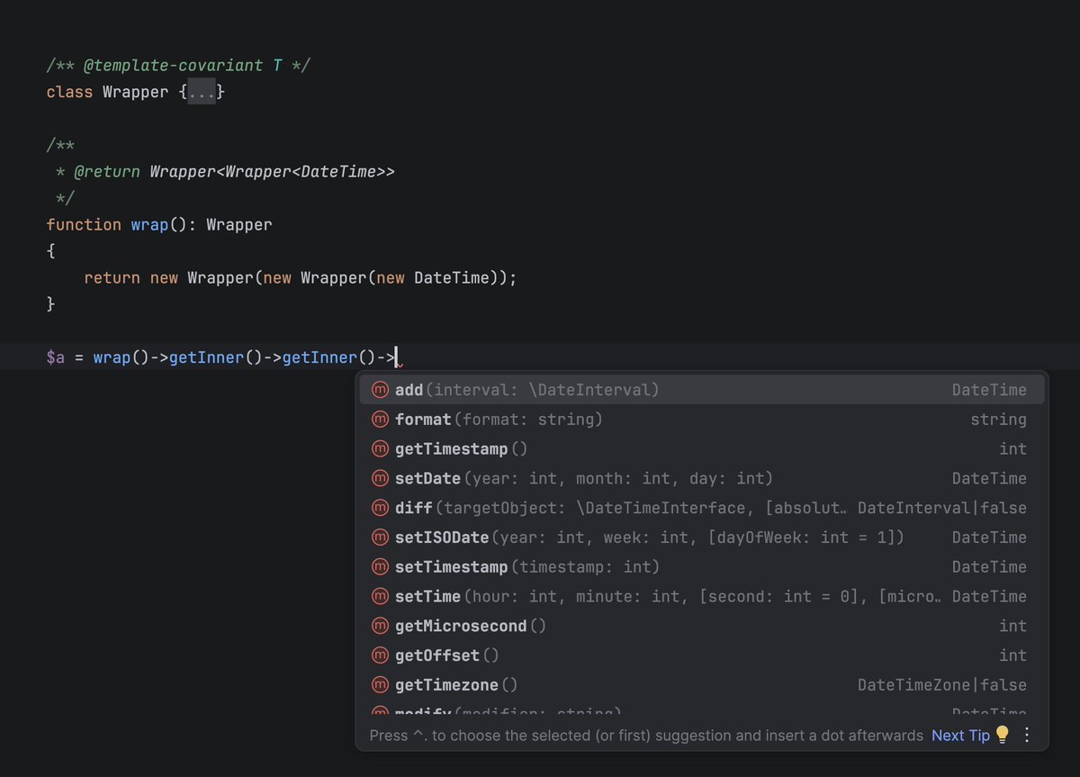 phpstorm's tweet image. New in PhpStorm: support for nested generics! Try them out and let us know which other generic features you’d like to see in the future ✍️

To learn more: jb.gg/sc8dr6