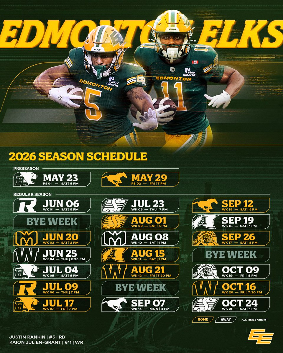 GoElks's tweet image. Lock it in. The Edmonton Elks 2026 season schedule is HERE. 🔐

SCHEDULE | goelks.com/2025/12/09/edm… 

#GoElks
