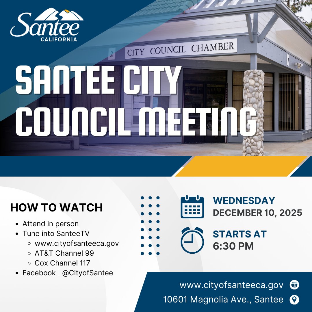 Tune into tomorrow's Santee City Council meeting!
The meeting starts at 6:30pm in the Council Chambers at Santee City Hall 10601 Magnolia Ave, Santee.

Watch live on SanteeTV or our city's Facebook page.
View the agenda: bit.ly/44Kqc90
#CityofSantee #CityCouncil