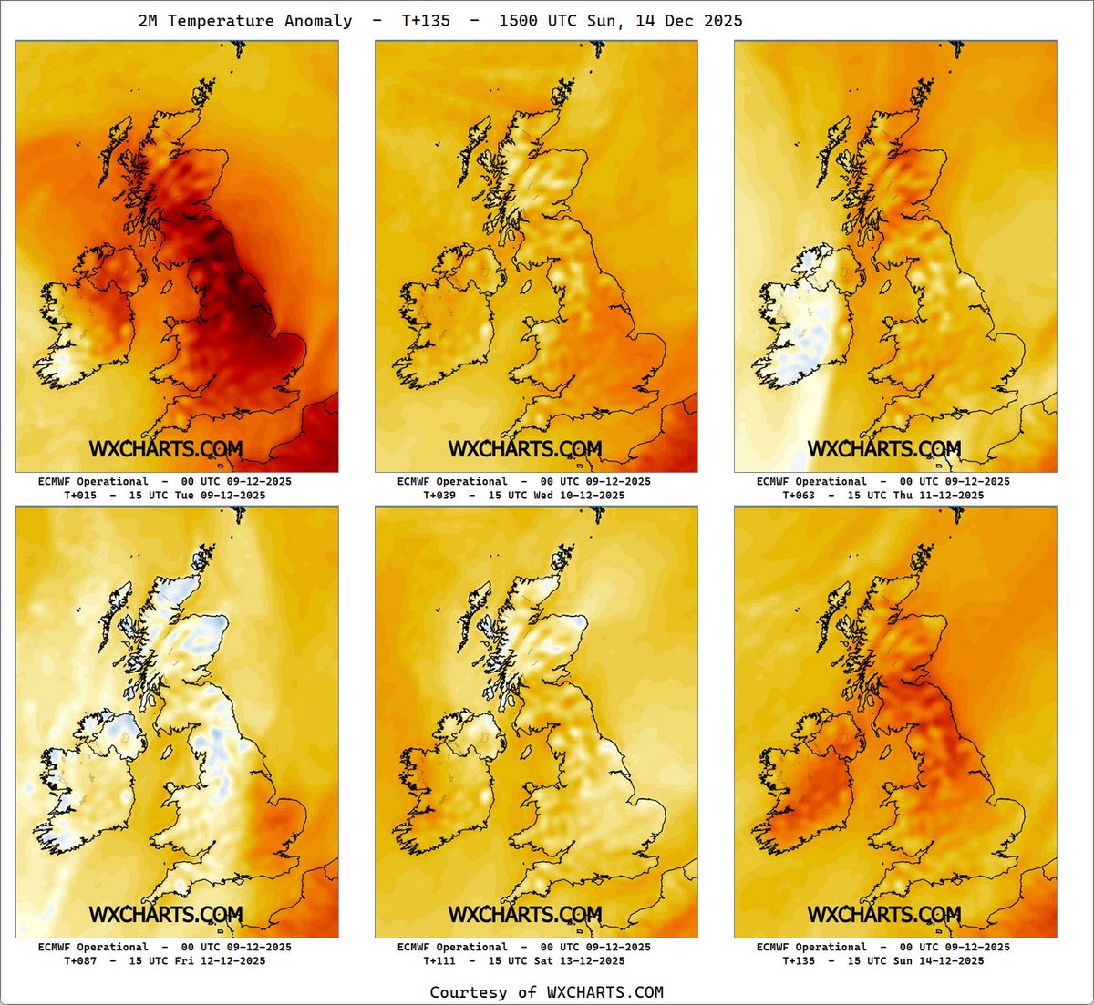 williemossop's tweet photo. @metoffice 9-14 Dec 2025
15 UTC
ECMWF
2M Temp anomalies
Dip, but never really cold.
#ukweather https://t.co/oWvk8b4Rhh