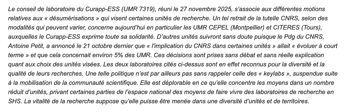 Des motions contre les "désumérisations", en solidarité avec les laboratoires <a href="/CEPEL_UM/">CEPEL</a> et CITERES  ⤵️

#ESR #SHS #CNRS