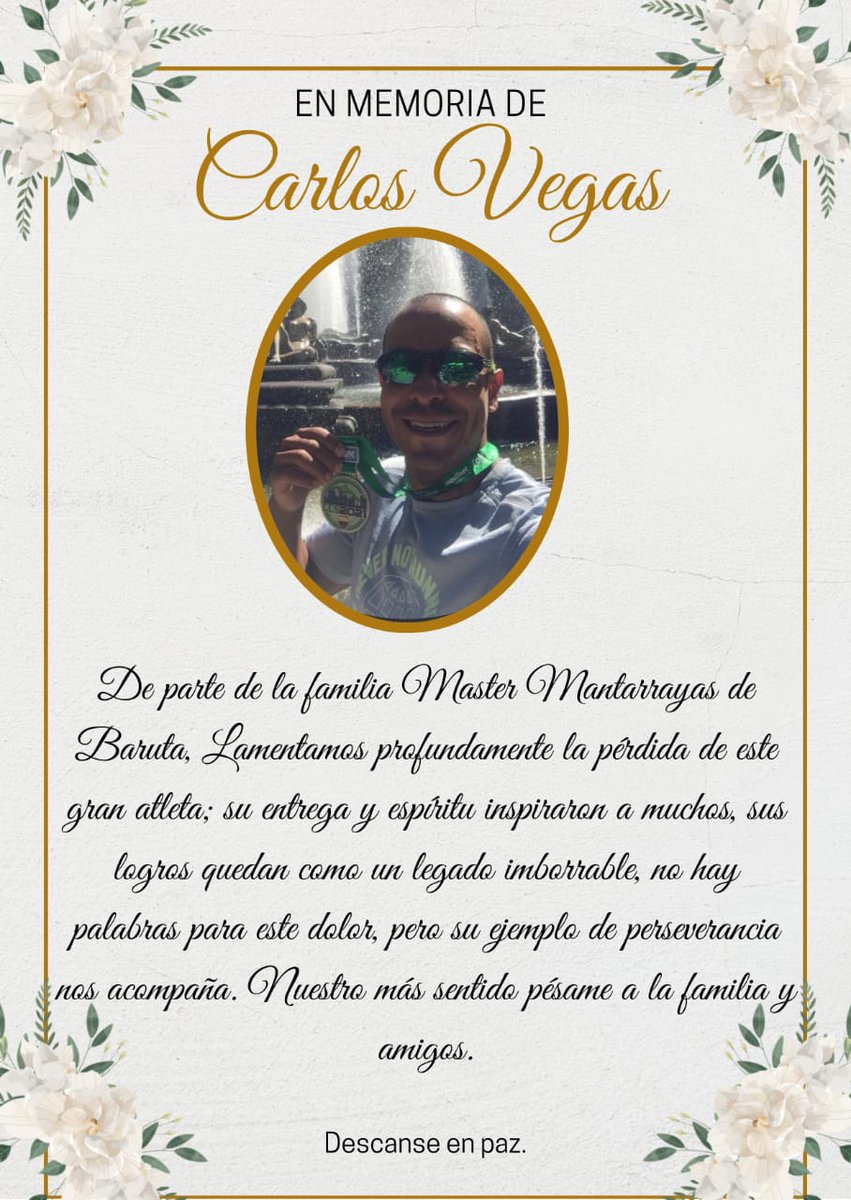 Lamentable el fallecimiento del amigo triatleta Carlos Vegas. Nuestras condolencias a su esposa Diana, su hija y demás familiares. #QEPD Pesar en los nadadores #atletas #AguasAbiertas #Piscina #OpenWater #Master del Club Master Mantarrayas de #Baruta <a href="/RedOrgBaruta/">red org Baruta</a> <a href="/BarutaEnMov/">Baruta En Movimiento</a>