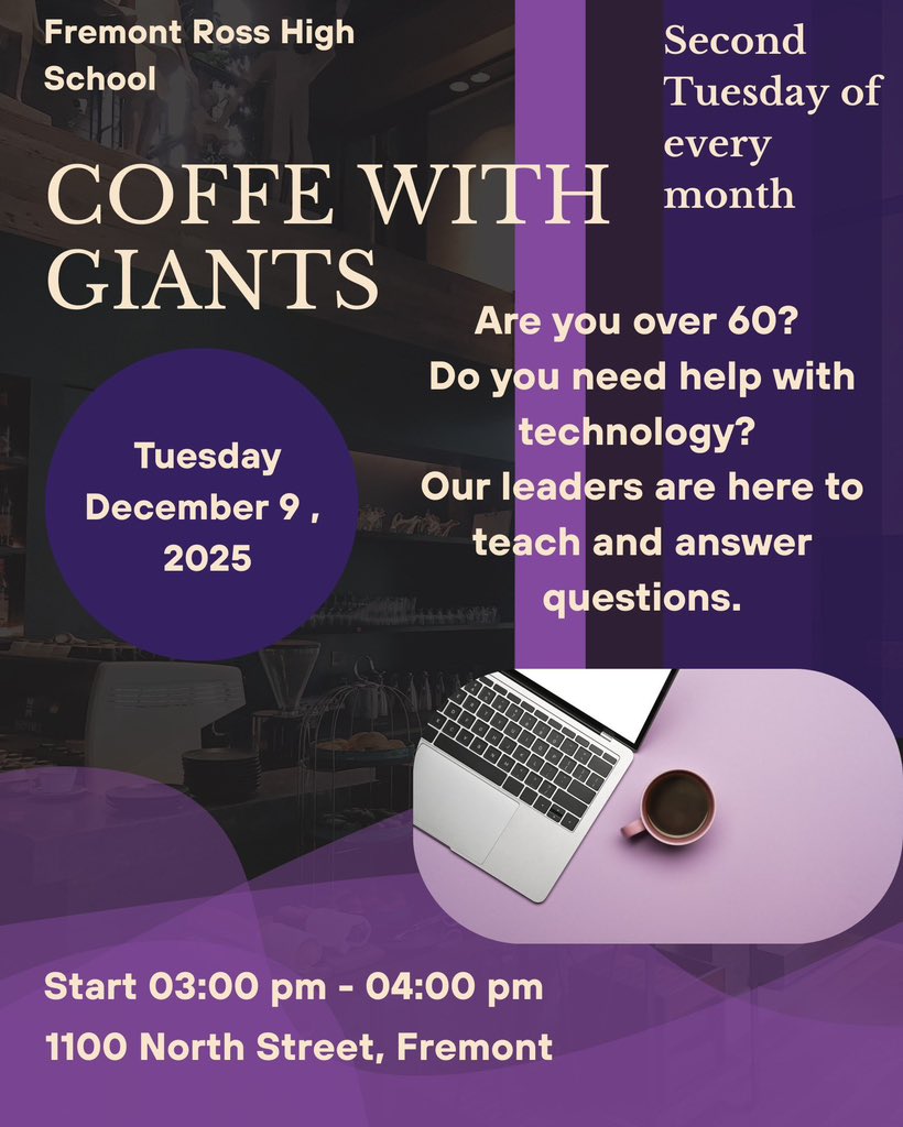 fremont_hs's tweet photo. 📱 Are you 60 or older?

Need a little help with your cell phone or iPad?

Join Fremont Ross Teen Leadership Corps for coffee, cookies, and one-on-one tech support!  They are here to make your devices easier to use. https://t.co/wuFgQU1Av6