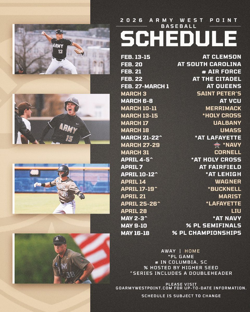 Mark those calendars, the 2026 Army baseball schedule is LIVE! ⚾️

The Black Knights are scheduled to play 49 regular season games, including 22 at Doubleday Field in '26!

🗓️ bit.ly/3P2QuLy
📰 bit.ly/4oLcqua