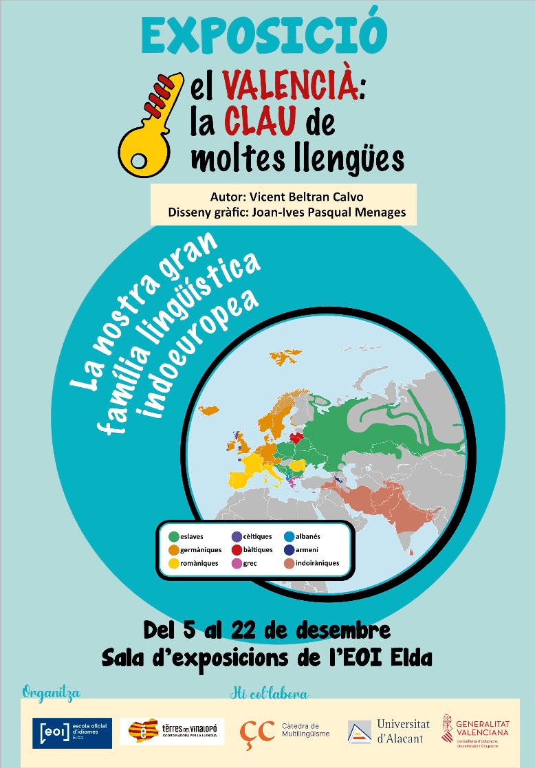 El Departament de Valencià de l'EOI Elda vos convida a visitar l'exposició "El valencià: la clau de moltes llengües", creada pel professor de la Universitat d'Alacant, Vicent Beltran. Acollirem la mostra fins al 22 desembre. Capbusseu-vos en les curiositats de la nostra llengua!