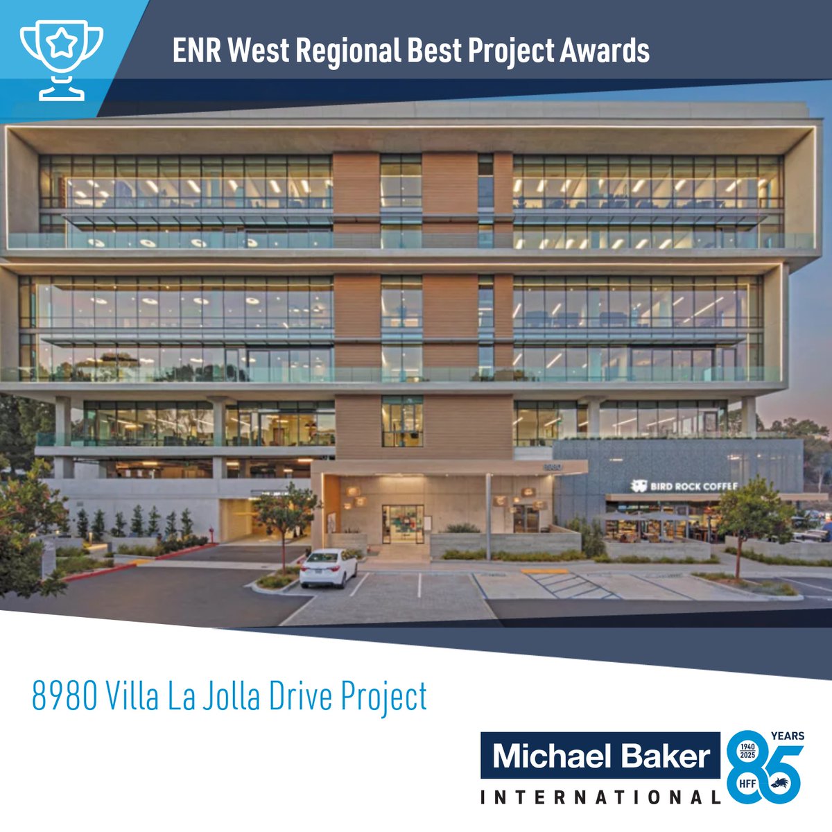 The 8980 Villa La Jolla Drive Project in San Diego, California was honored with a 2025 Best Project Award in the Best Office/Retail/Mixed-Use category by ENR West. Michael Baker served as the Electrical Engineer for the project.