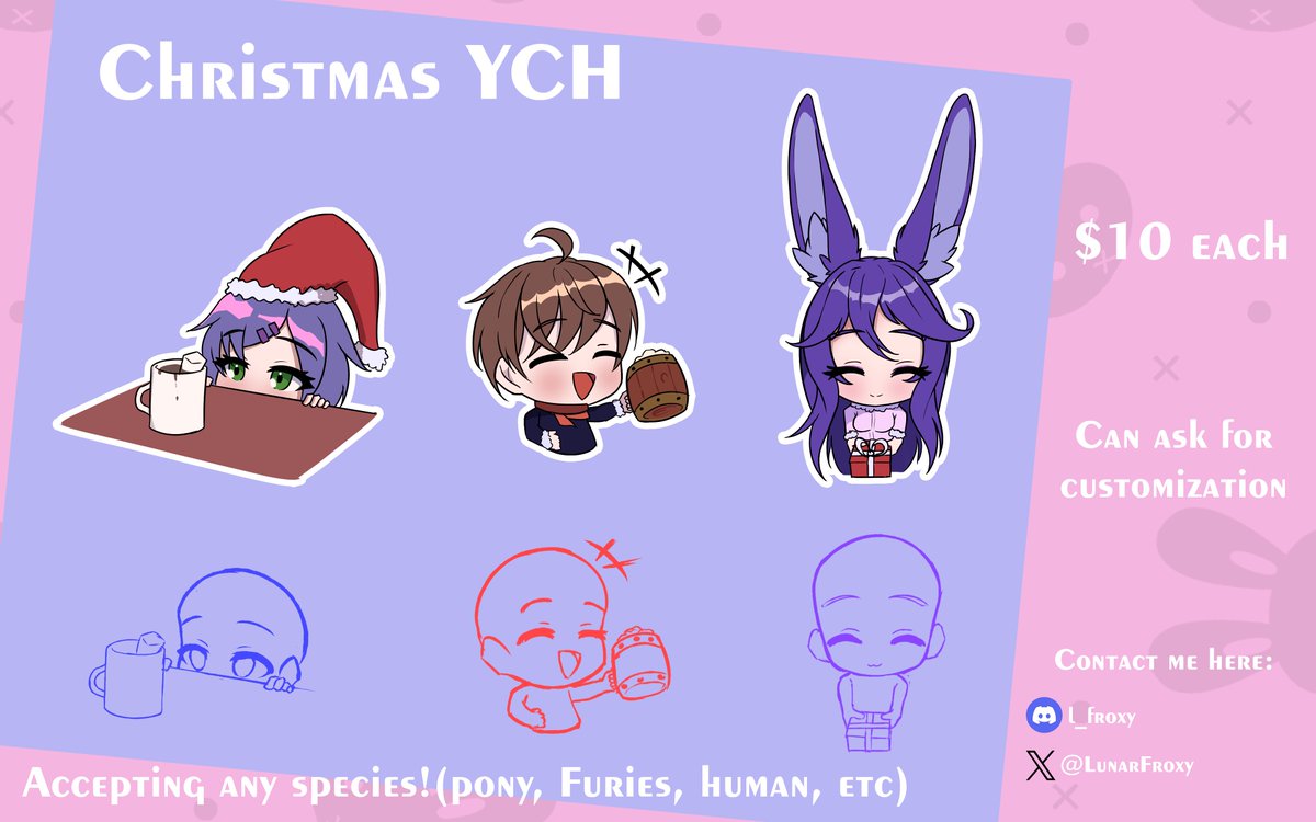 LunarFroxy's tweet image. Christmas is here! If you are interested do contact me on the channel below, thanks!

#ychcommission #Christmas #ychsale