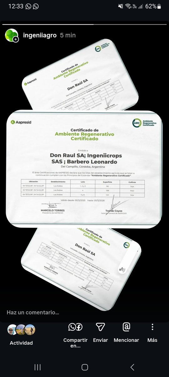 Hoy obtuvimos los certificados de ARC  (Agricultura Regenerariva Certificada) de varios campos.  Pequeños pasos en esto de registrar lo que hacemos.  Gracias a todos los programas de <a href="/aapresid/">Aapresid</a> involucrados en el proceso.