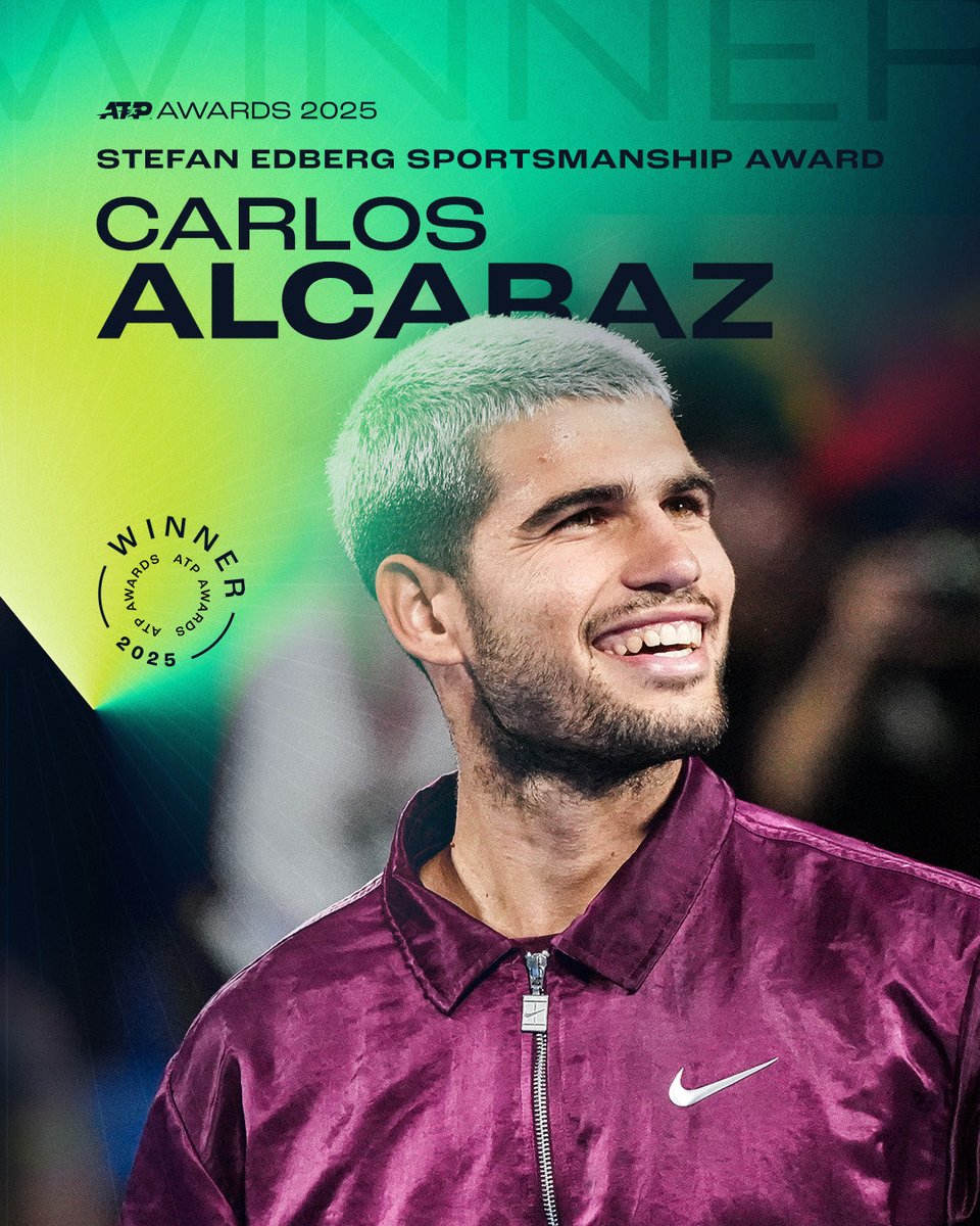 🏆 Carlos Alcaraz, elegido por sus compañeros como ganador del premio Stefan Edberg a la deportividad en 2025.