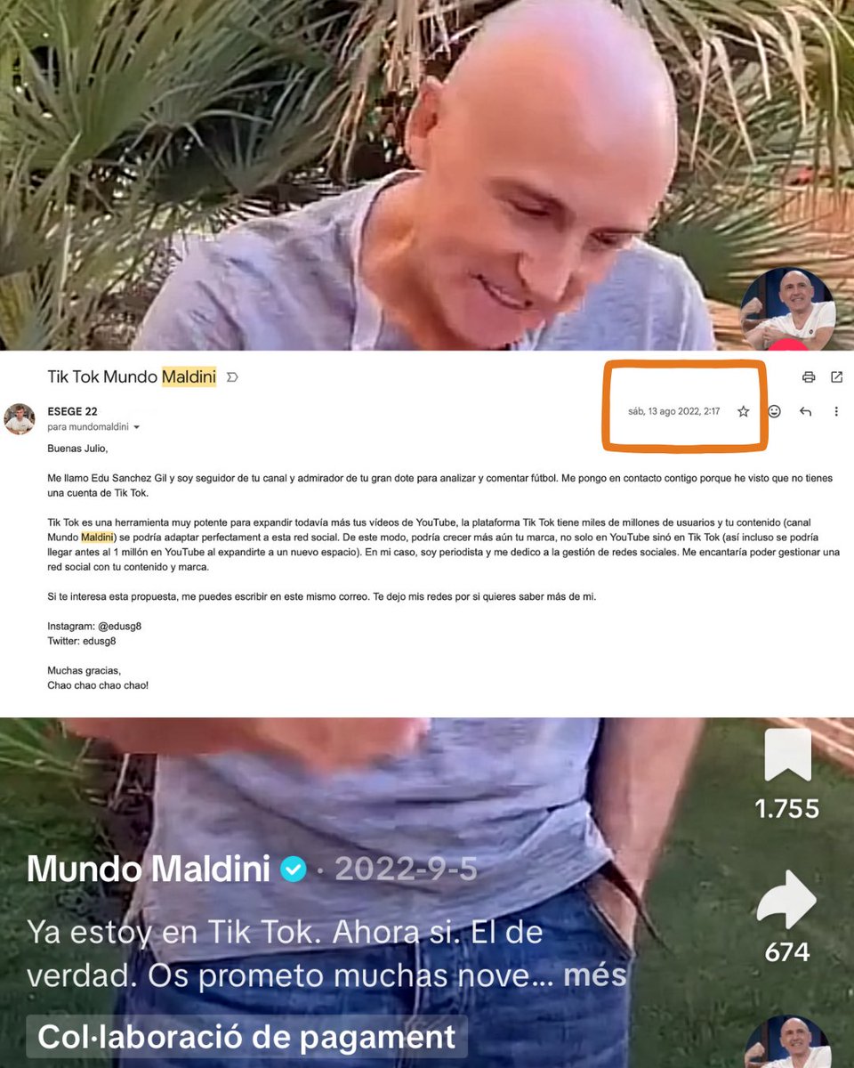 Edusg8's tweet photo. Hola @MundoMaldini, hoy, rebuscando en mi correo, he encontrado esto que te mandé hace ya más de 3 años… te proponía, un 13 de agosto de 2022, el poder formar parte de tu equipo abriéndote el TikTok Mundomaldiniano… Un mes más tarde, debutaste en la plataforma (sigo abajo)👇🏻 https://t.co/2HNpsbEN5U
