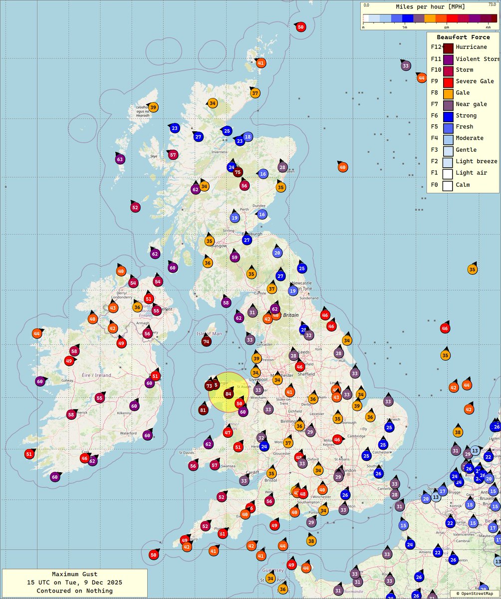 williemossop's tweet photo. 9 Dec 2025
15 UTC
Max Gusts
Wind starting to ramp up through the Irish Sea.
#ukweather #stormbram https://t.co/wHyiRpdnr3