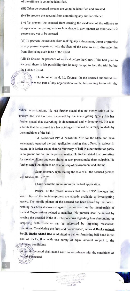 TheSouthfirst's tweet photo. #Delhi: Student gets bail in air pollution protest case, court finds no link to banned outfits

A Delhi court has granted bail to Bankaa Aakash, one of the accused in the India gate air pollution protest case, after observing that there was no material evidence connecting him to any banned or radical organisations.

In the order the court noted that while police alleged protestors raised anti-national slogans, blocked traffic and clashed with police at India Gate, the investigation had already secured CCTV footage and seized the accused's mobile phone. 

The court said further judicial custody would serve no useful purpose and granted bail on a personal bond of ₹15,000 with one surety of the same amount.
The court also rejected arguments opposing bail solely on the gravity of the offence.

Adv Subhash Chandran, appearing for Aakash, alleged procedural lapses by the Delhi Police.

Aakash, a student from #AndhraPradesh associated with the #SFI, was among several students arrested during protests in Delhi linked to air pollution issues. Police had earlier claimed links to radical or banned groups in connection with some of the detainees.

Significantly, the court highlighted that there was no credible material to substantiate claims of links with banned organisations, paving the way for Aakash's release on bail.

Other students, including three from Kerala, remain under investigation. 

Police have alleged possible links of another student, Akshay E.R with Bhagat singh chhatra ekta manch (BSCEM) and individuals suspected to be associated with extremist groups, allegations which are yet to be tested in court soon.