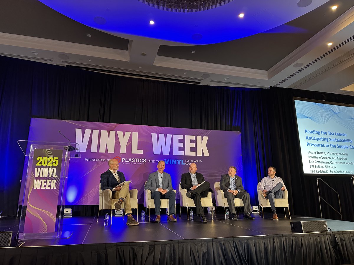 Our next panel at #VinylWeek features moderator Shane Totten (<a href="/ManningtonUSA/">Mannington Commercial</a>), Matthew Verden (<a href="/ICU_Medical/">ICU Medical, Inc.</a>), Eric Cotterman (Cornerstone), Bill Bellico (<a href="/Sika/">Sika</a>), and Ted Radzinski (Sustainable Solutions Corporation) on anticipating sustainability pressures in the supply chain.