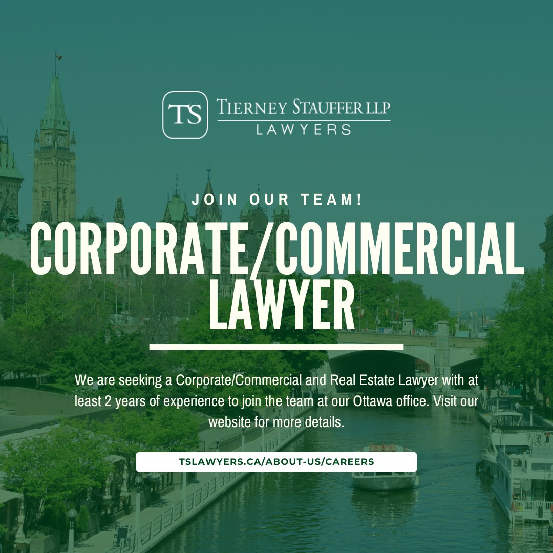Join Tierney Stauffer LLP as a Corporate/Commercial &amp; Real Estate Lawyer in Ottawa! 2+ years' experience required. Apply now: mng@tslawyers.ca. #LegalJobs #OttawaLaw #RealEstateLaw #CorporateLaw #Hiring