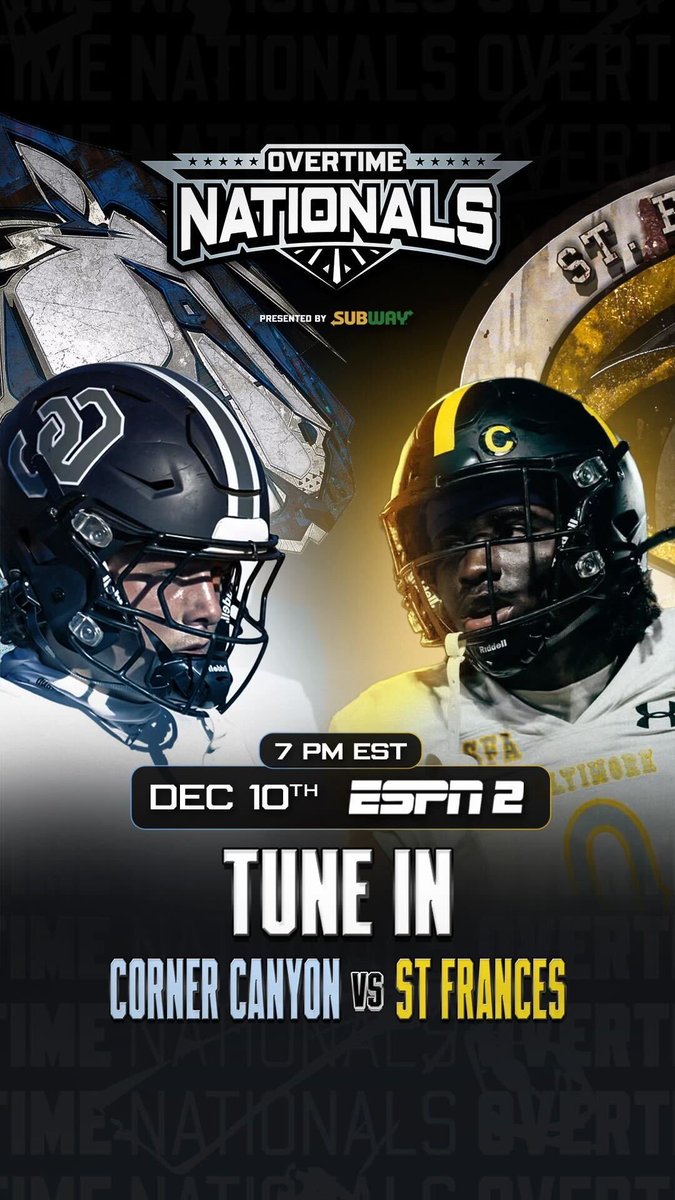 SportsIdolMedia's tweet image. We’ll be covering the @overtime Nationals game at 7p EST tomorrow (12/10). National powerhouse St Frances Academy (MD) hosts the Utah State Champion Corner Canyon Chargers.