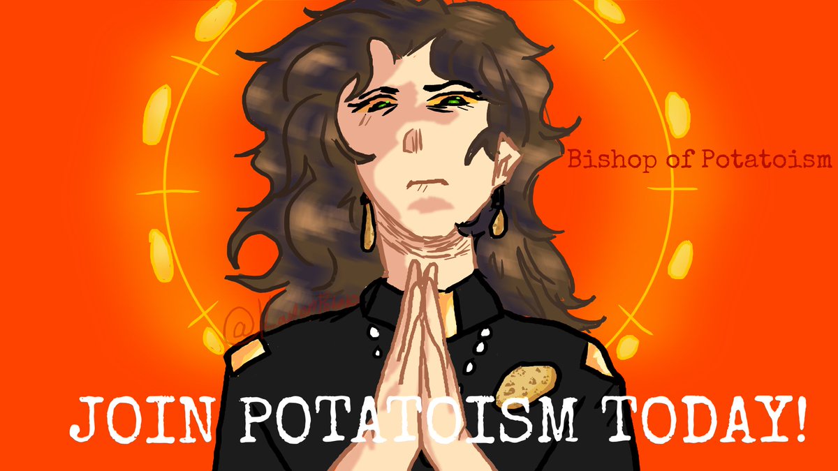 So uhh joined a group in a upcoming 1000 player event called potatoism. We like potatoes basically.
(Art by me)
Event is hosted by captainlights on YouTube 😼