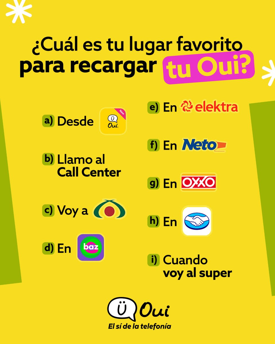 Tu OUI sí se recarga fácil. Cuéntanos, cuál es tu lugar favorito 🏦🛒📞📱 y si todavía no tienes OUI, 🤗🤗¿qué esperas para contratar tu 📱eSIM OUI?
Contrata fácil por WhatsApp aquí➡️wa.link/aacsn2