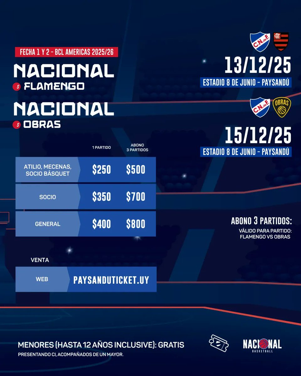 𝗩𝗼𝗹𝘃𝗲𝗺𝗼𝘀 𝗮 𝗣𝗮𝘆𝘀𝗮𝗻𝗱𝘂́ 📍

🎟Continúa la venta las entradas para la <a href="/BCLAmericas/">#BCLAmericas</a> en Paysanduticket.uy

🗓El sábado 13, domingo 14 y lunes 15 de diciembre, la apertura de puertas del Estadio 8 de Junio será a las 20hs. y las boleterías estarán abiertas desde