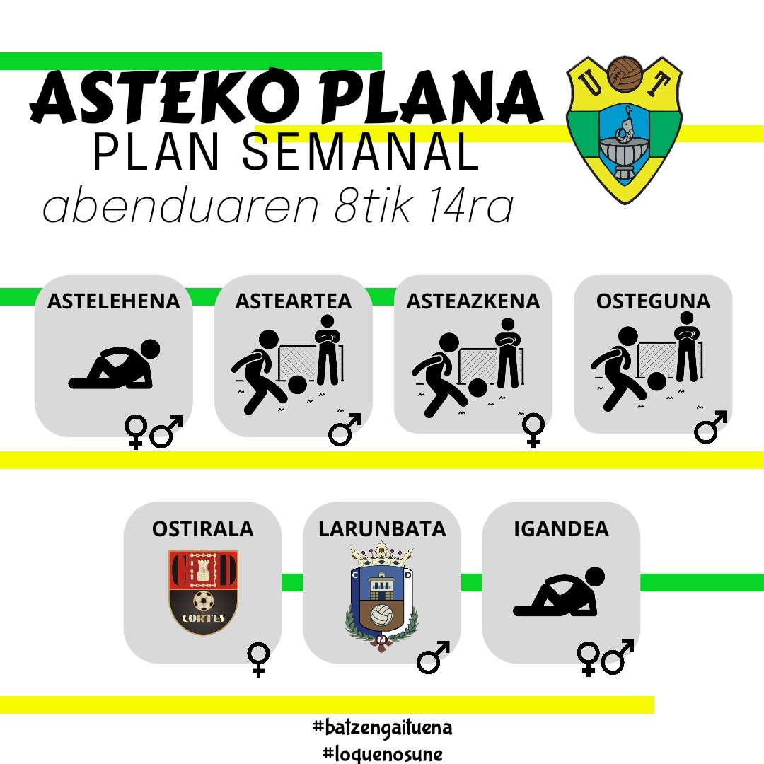 🏋🏻‍♂️🏋🏻‍♀ Aste berria, erronka berriak. Hona hemen gure taldeen asteroko plana.

🏋🏻‍♂️ 🏋🏻‍♀Nueva semana, nuevos retos. Aquí tenemos el plan semanal de nuestros equipos.

👊🏿 Goazen neska-mutilak!

#batzengaituena 🔰
#loquenosune 🔰