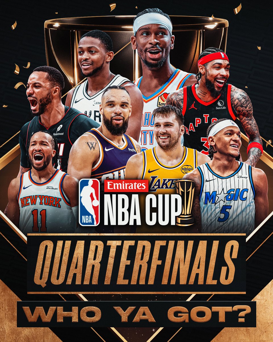 8 teams remain. Only 4 will advance to Vegas! 🏆
Heat vs. Magic.
Knicks vs. Raptors.
Suns vs. Thunder.
Spurs vs. Lakers.
The @emirates NBA Cup Knockout Rounds tip off tonight with the Quarterfinals on Prime. Who ya got?