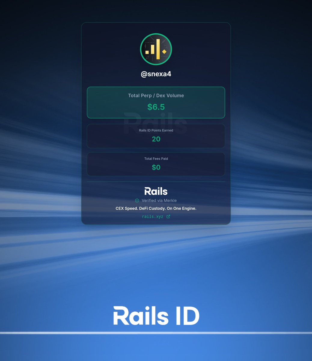 snexa4's tweet photo. Just generated my Rails ID off $6.5 of DEX volume.

Grab your ID and plug into Rails Play, the newest product from @rails_xyz designed to teach you how to trade perps, for boosted Points: https://t.co/ScKRkC699s https://t.co/J4RhlIPsV9
