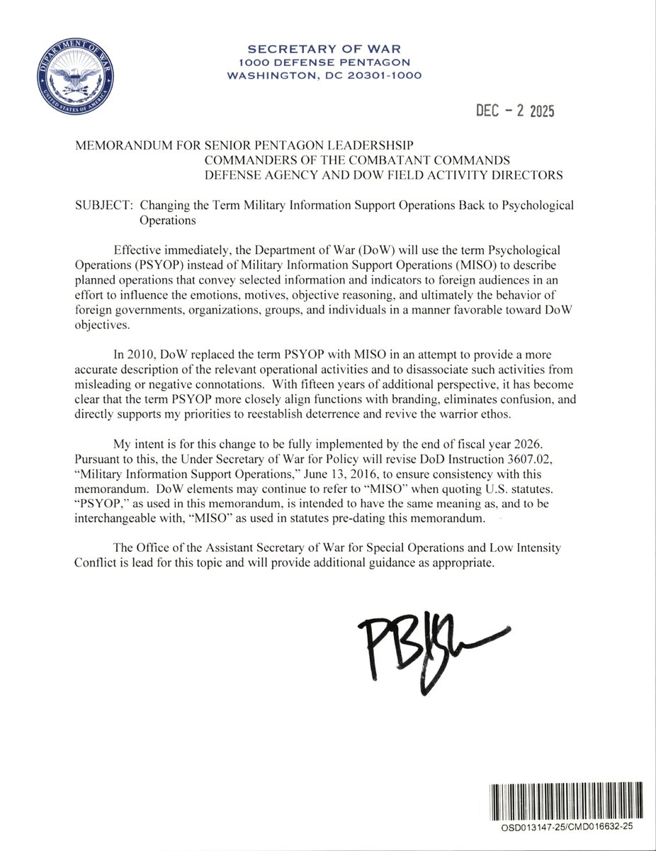 ASW_SOLIC's tweet photo. BREAKING: @SecWar Changes the Term Military Information Support (MISO) Back to Psychological Operations (PSYOP). Read the memo here: https://t.co/hFCux58Jbw https://t.co/dnfSb6Kxm9