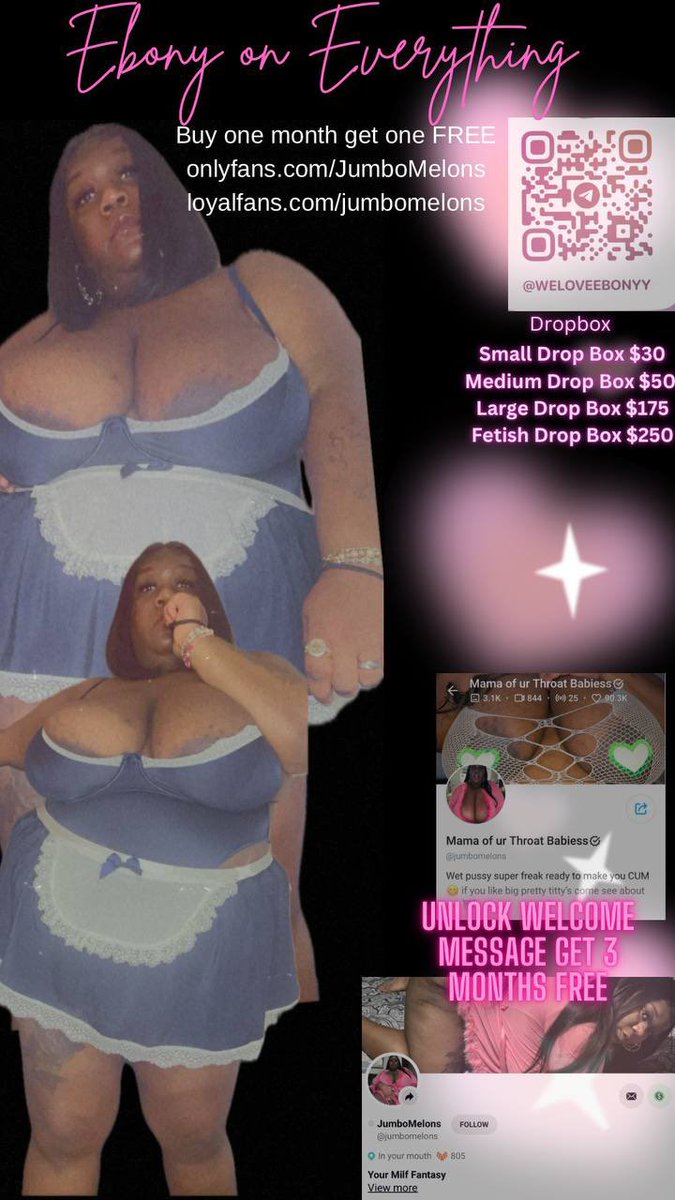 Ebony on EVERYTHING 🤞🏾
Follow @creampyeBae 
Dropbox Fire t.me/WeLoveEbonyy
🩷
Fetish vids posted 
Scatbook.com/JumboMelons 
🩷
Use code Ebo85088 get 10% off
EbonyXxMistress.manyvids.com