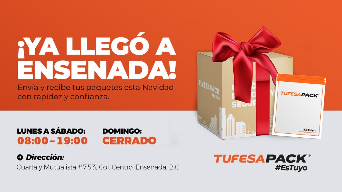 🎁✨ ¡Ensenada, ya somos parte de tu Navidad!
Ahora puedes enviar y recibir tus paquetes con TUFESAPACK desde nuestra nueva sucursal:
📍 Cuarta y/o Mutualista #753, Col. Centro, 22800
🎄 Envíos rápidos, seguros y justo a tiempo para estas fechas.
#TUFESAPACK #EsTuyo #Ensenada