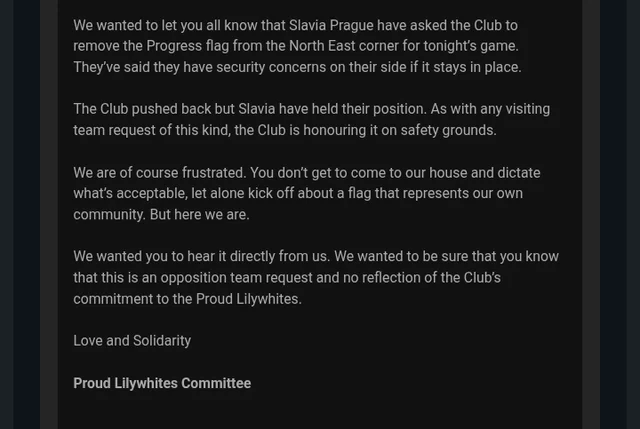 Football is supposed to unite, not exclude.

The correct response to this would be to refuse, and double security in the away end.

Embarrassing from both <a href="/slaviaofficial/">SK Slavia Praha</a> and <a href="/SpursOfficial/">Tottenham Hotspur</a> 

Follow and support <a href="/SpursLGBT/">Proud Lilywhites</a>