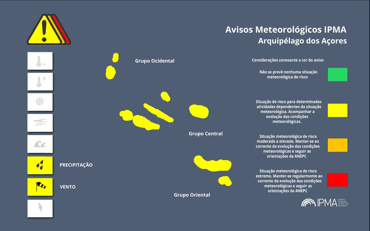 Atenção aos Avisos Meteorológicos para os Açores:
Precipitação - Amarelo [ 10 Dez 06:00 - 10 Dez 21:00 ]
Precipitação por vezes FORTE.

Vento - Amarelo [ 10 Dez 06:00 - 10 Dez 21:00 ]
Direção de sul (S), rodando para norte (N).
ipma.pt/pt/otempo/prev… 
#avisosipma
