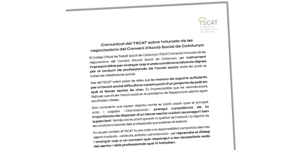 📢 El TSCAT lamenta l’aturada de les negociacions del Conveni d’Acció Social de Catalunya. Reivindiquem condicions laborals dignes i fem una crida a sindicats, entitats i administració per reprendre el diàleg. 
Llegeix el comunicat: tscat.cat/actualitat/not…
#AccióSocial