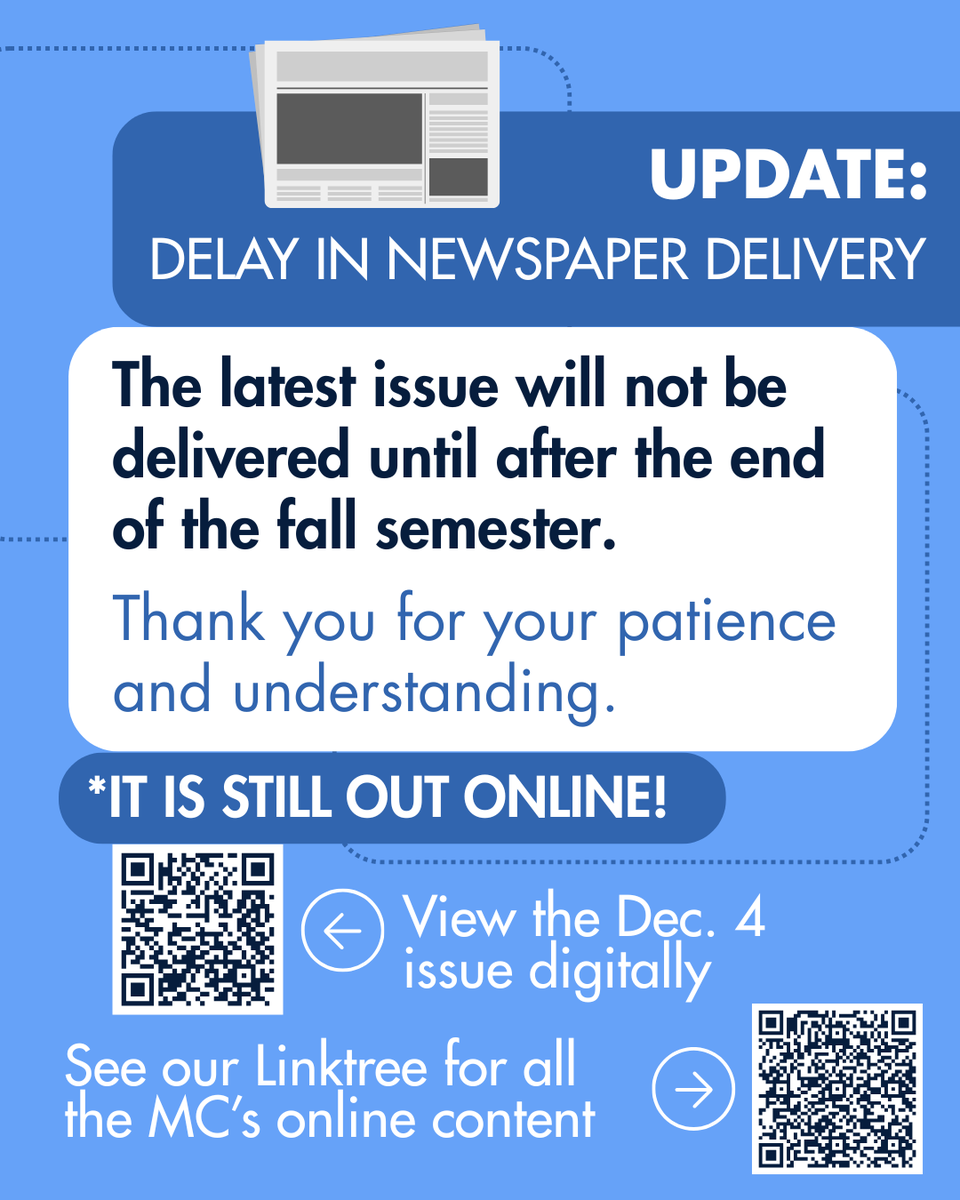 MarlinChronicle's tweet photo. Update on status of newspaper delivery: 
We expect them to arrive in the week following the fall semester's end. More updates to come on when they will reach newsstands. https://t.co/2hTSQSDqBk