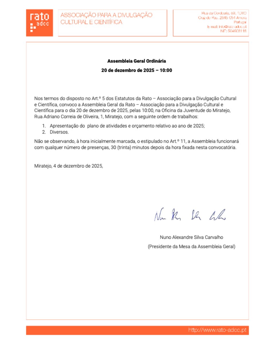 ratoadcc's tweet image. 📆
🇵🇹 Assembleia geral da Rato - Associação para a Divulgação Cultural e Científica para dia 20 de dezembro de 2025, pelas 10:00, na Oficina da Juventude do Miratejo.

#RatoADCC
. . .
🇬🇧 General assembly of Rato - ADCC