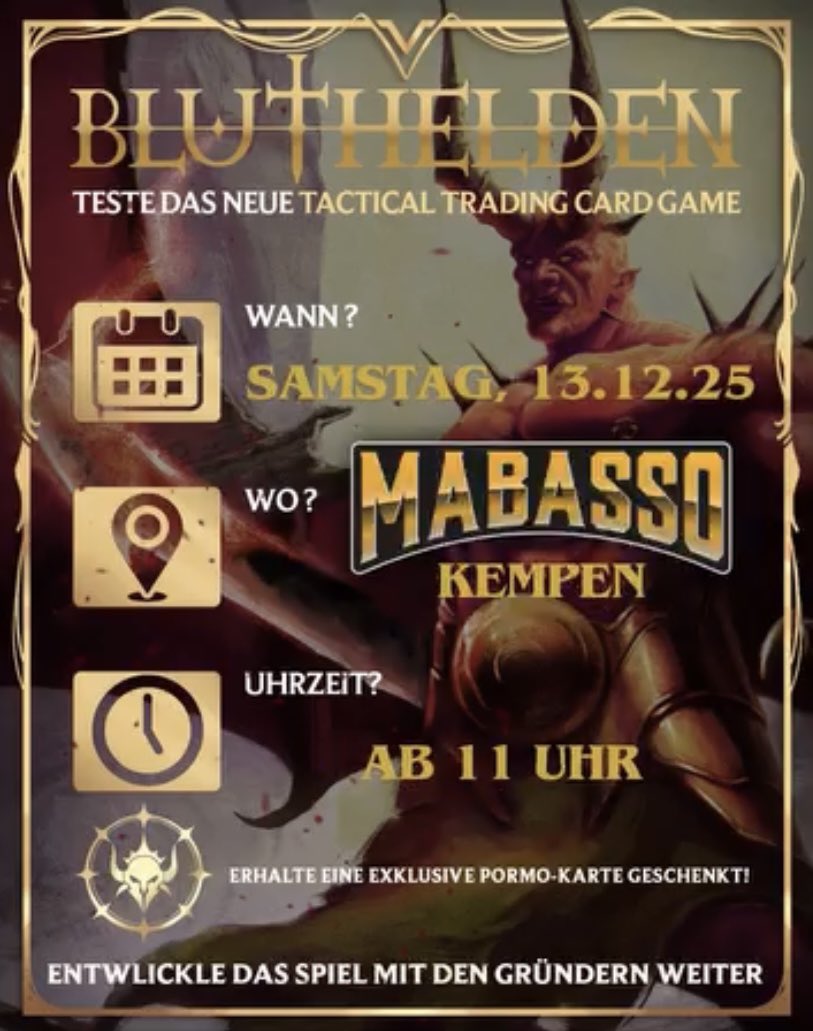 bluthelden's tweet photo. 🔥Creation of Heros🔥

Next „How to Play-Event“

📅13.12.2025 Start: 11:00 ⏰

at https://t.co/GZXppZat0a , Peterstr.32,47906 #Kempen 🇩🇪

👉Take your Exclusiv Promo-Card as #Giveaway  

Join it:
👉Follow us @bluthelden
♻️Retweet with #bluthelden #blutheldentcg #ttcg
🌐Visit https://t.co/rwV8B9c1Tr to find your Bluthelden®️Local-Store

#gaming #cardgames #events #MoreThanJustGame