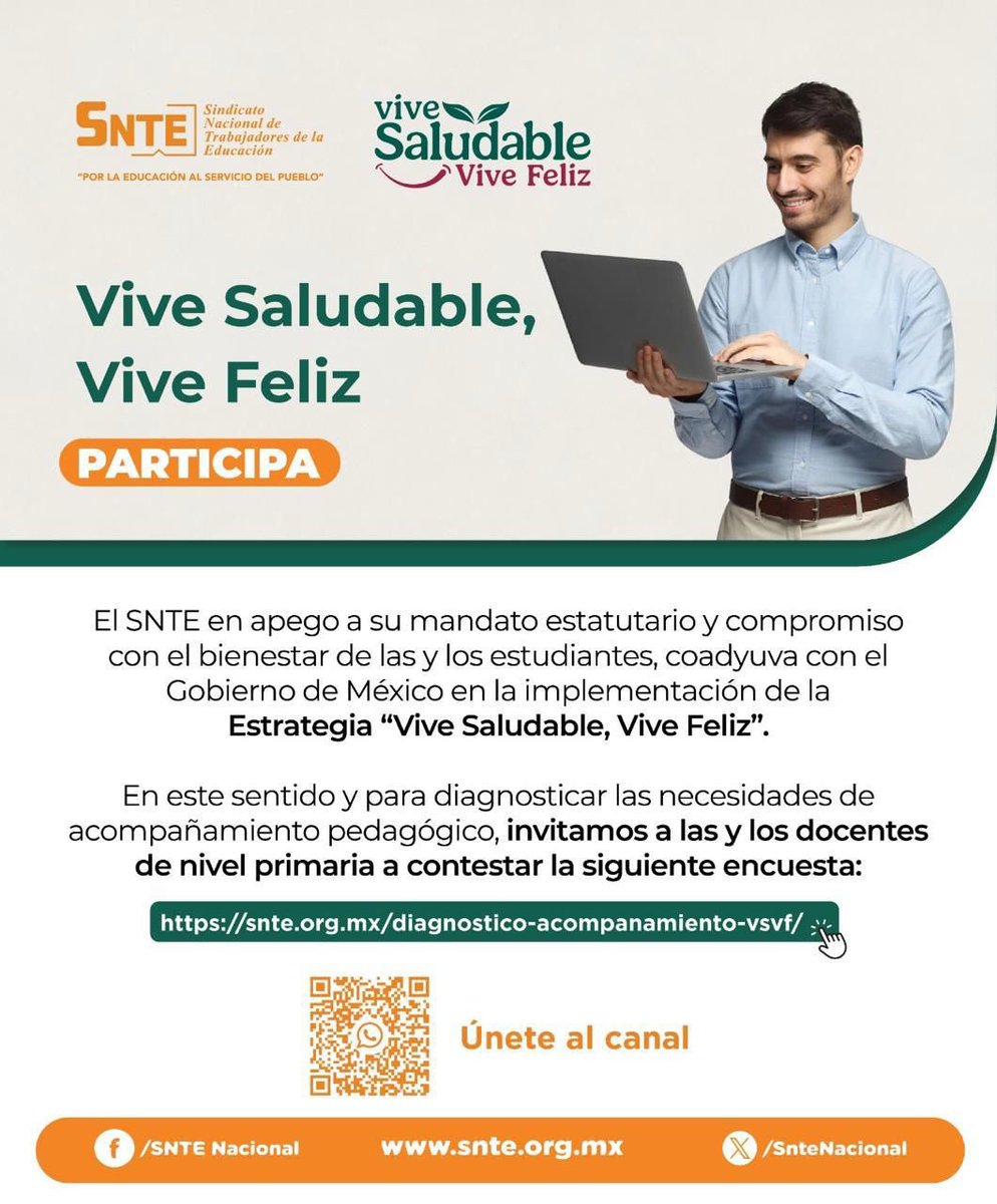 SnteNacional's tweet photo. ¡Vive saludable, vive feliz! 🌟 

🔸El SNTE invita a maestras y maestros de primaria 👩🏻‍🏫👨🏻‍🏫 a participar en nuestra encuesta para identificar necesidades de acompañamiento pedagógico. ¡Tu voz cuenta! 

Entra al enlace:  
👉 https://t.co/VwsSCN5QO5 https://t.co/Q8Ctl7eASK