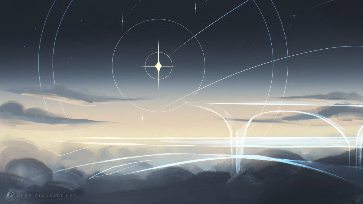 Ambris's Abstraction, an expansive space in eternal twilight. The horizon shines with golden light, with a starry night sky hanging above and a sea of clouds below. 
TH: toyhou.se/13728514.edeia… 
#edeia #closedspecies