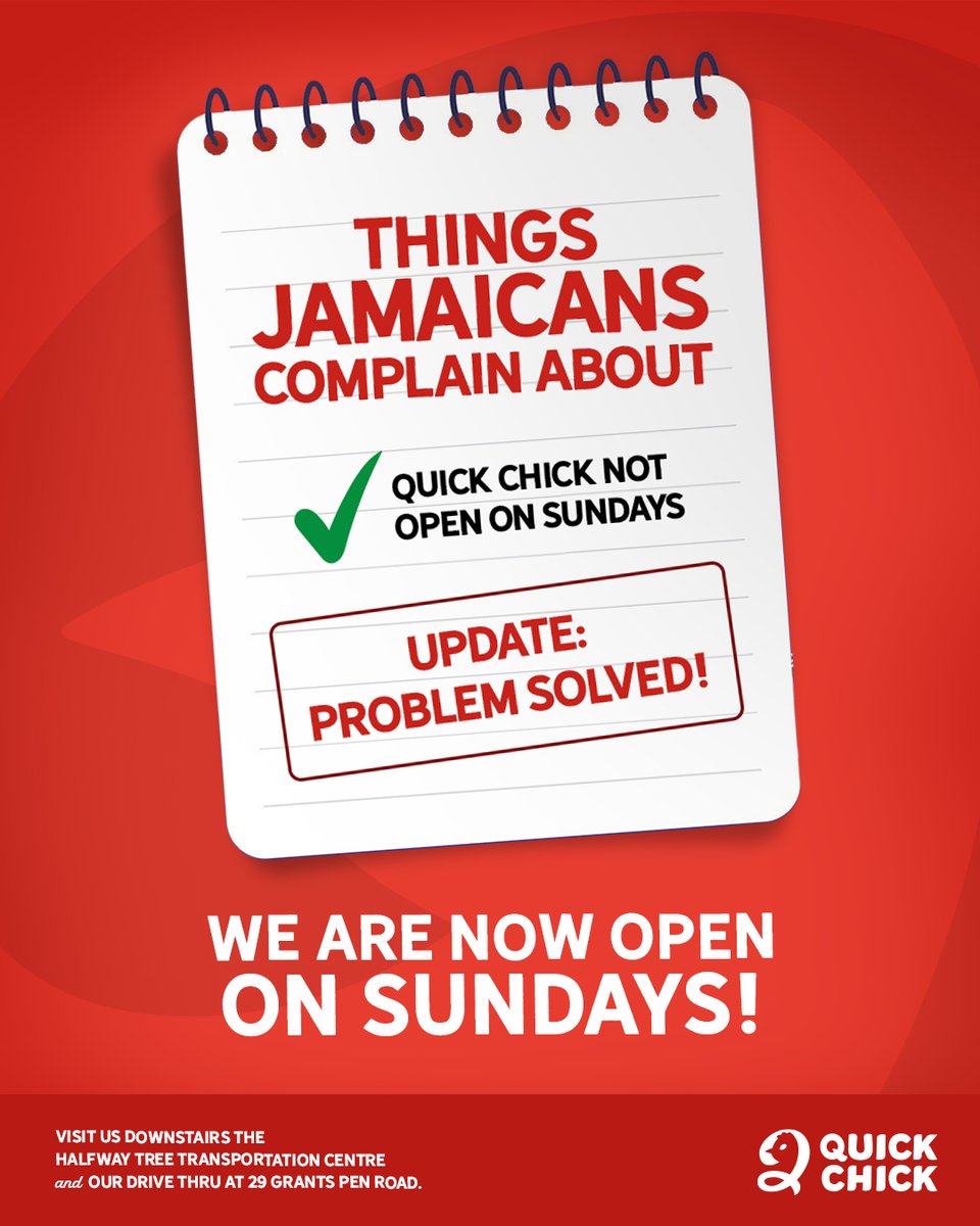 quickchickja's tweet photo. We heard unu loud and clear 😅🍗
Quick Chick is NOW OPEN every Sunday from 11 am - 6 pm. Get your favourite Quick Chick meals delivered to you on 7Krave.TAG a friend in the comments and start ordering now!
#QuickChickJA https://t.co/LB3DqHGWiC
