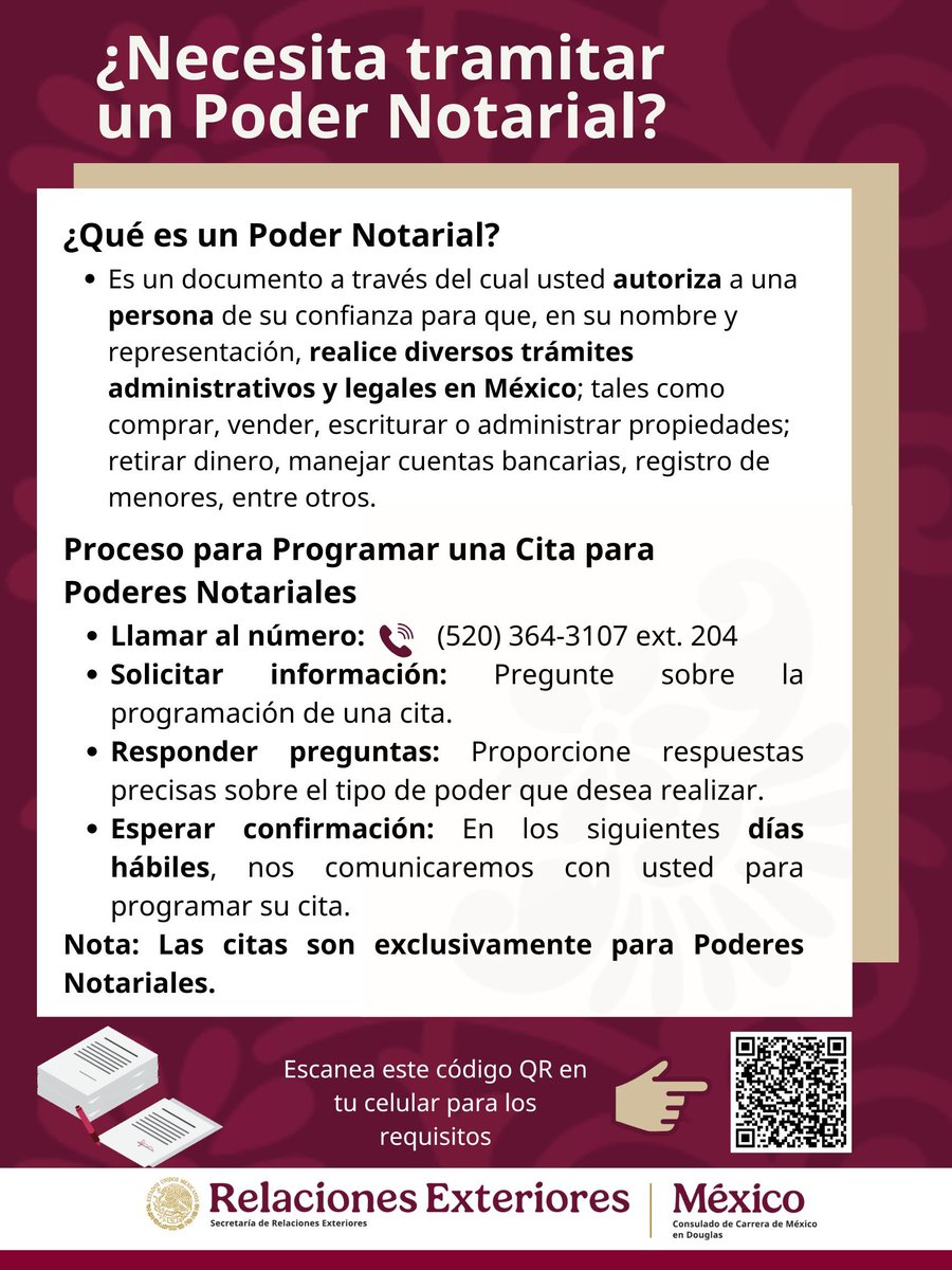 ConsulMexDou's tweet photo. ¿Necesitas realizar trámites importantes? Un poder notarial puede ser la solución. Acércate al Consulado de México en Douglas y tramita tu poder notarial de manera fácil y rápida. ¡No dejes pendientes! #PoderNotarial #TrámitesConsulares #ConsuladoMéxico https://t.co/7LAVPuC9AX