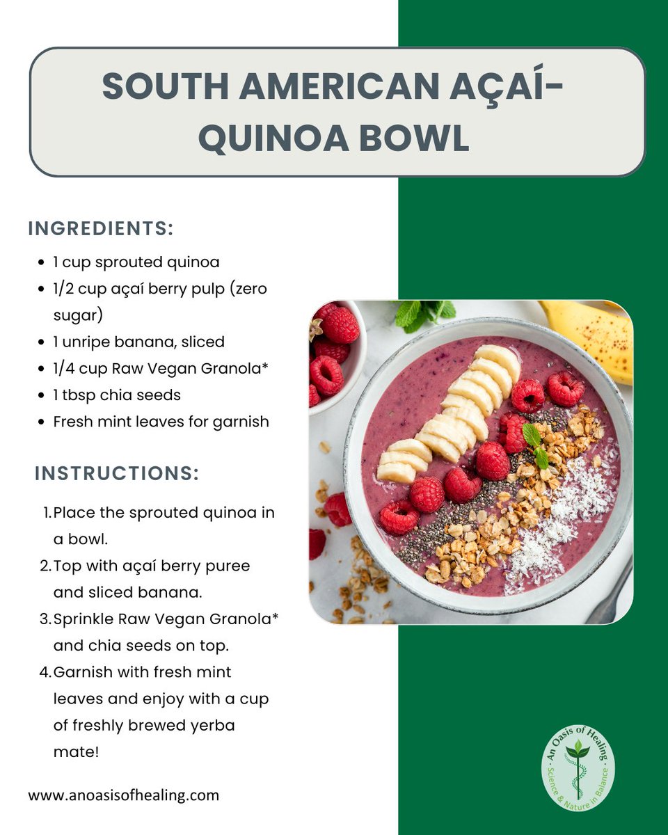 StopMakinCancer's tweet image. Boost your health with our South American Açaí-Quinoa Bowl! 🌿 Packed with antioxidants, protein &amp;amp; superfoods, it’s delicious &amp;amp; nourishing. Full recipe here 👉anoasisofhealing.pulse.ly/iy7c7ixbj4📞480-834-5414 #HealingFoods #Superfoods #AcaiBowl #HolisticHealth