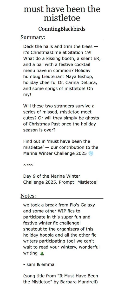 hmd1606's tweet photo. Marina Winter Challenge 2025
Day 9
Prompt- Mistletoe

Today's OneShot was written by @countblackbirds

Title: Must Have Been The Mistletoe

Link: https://t.co/mJONOkHPXc

#MarinaBookClub #MarinaWinterChallenge2025 #marina https://t.co/E5FgTzJgBS