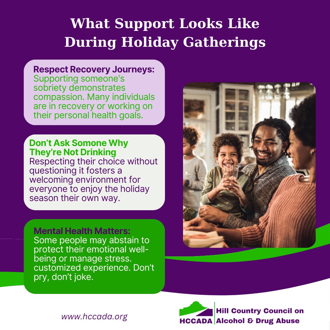 This holiday season, support looks like respect. 💚 Whether someone is in recovery, protecting their mental health, or choosing not to drink, let's create gatherings where everyone feels welcome to celebrate their own way. Small acts of compassion make all the difference.