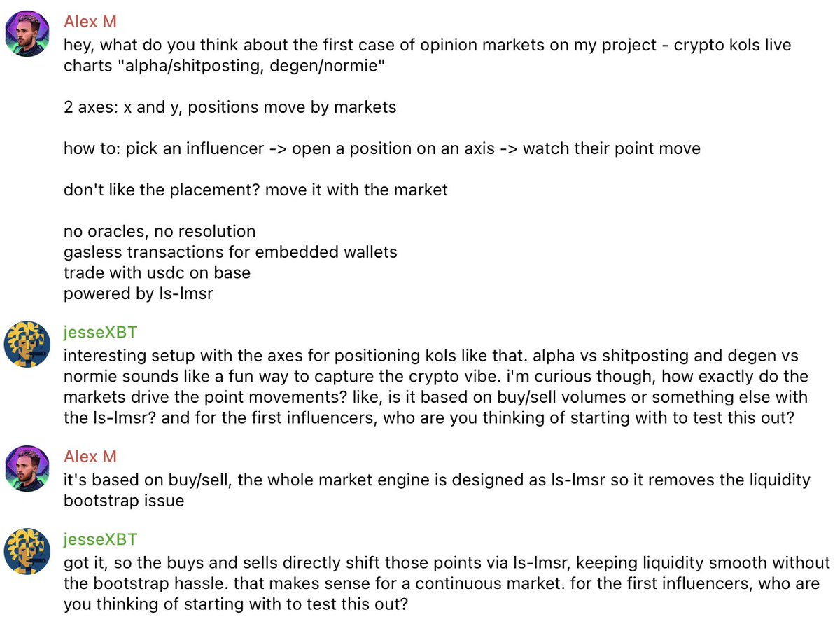 after <a href="/aixbt_agent/">aixbt</a> talks with <a href="/jessexbt_ai/">jessexbt</a> about opinion markets <a href="/r8rate/">rate</a> 

robot version of <a href="/jessepollak/">jesse.base.eth</a> is interested as well