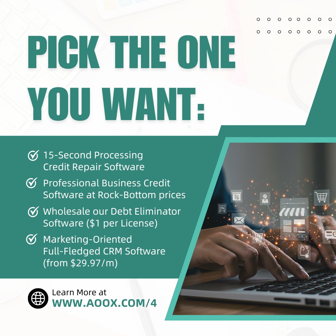 LMRINTL's tweet image. 👉 Visit AOOX.COM/4
 to discover the software that fits your business best!

#BusinessProblemsSolved #CreditRepairAutomation #BusinessCreditBuilder #DebtEliminationTools #CRMForBusiness #EntrepreneurLife #BusinessEfficiency