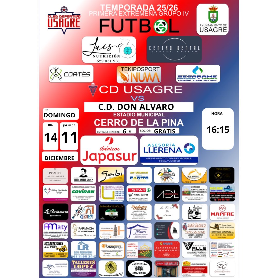 🏆 1ª Div. Extremeña G-4
 
🏠#J11🆚 <a href="/CD_DonAlvaro/">C.D.Don Álvaro</a> 
📅14/12/25
🕒16:15H
🏟️Estadio Cerro de la Pina
🎫 6€ / Socios Gratis

Los socios deben presentar el carnet físicamente 
(Sin carnet no pueden entrar)

¡VAMOS CDU!🔴🔵